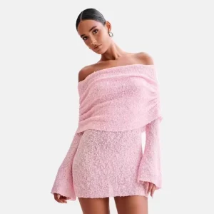 New Knitted European American Cross border Women’s Short Beach Dress Sexy Perspective Long Sleeve Boat Neck Autumn Solid