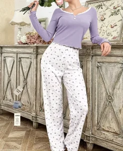 New Long Sleeve Crop Top & Pants Loungewear Sleepwear Casual Women’s Crown Print 2 Piece Elastic Waist Pajama Set