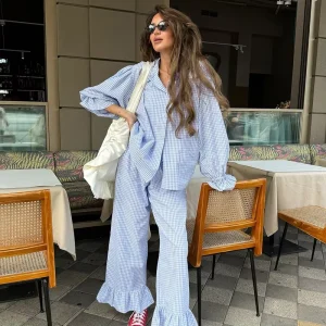 New Loungewear Woman Fashion Flared Sleeve Shirt Trousers 2 Piece Women’s Pajama Set Plaid Nightwear