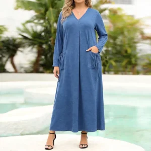 New Modest Solid color Plus size Women’s Knitted Dress V Neck Comfortable Loose Fit Daily Casual Basic Dress With Pocket