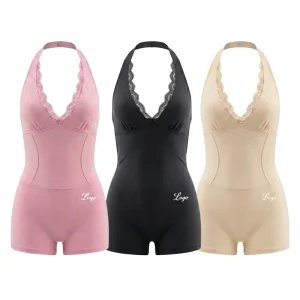 New OEM Custom Women’s Halter Lace Bodysuit Deep V Neck Slimming Shapewear Romper Embroidered Logo Sexy Inner Outer Wear