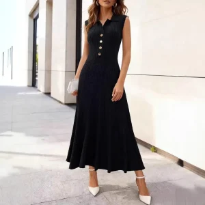 New Office Workers Solid Color Lapel A Line Skirt Summer Waist Slimming Women’s Sleeveless