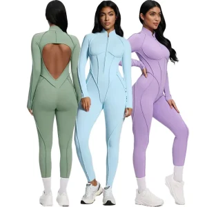 New One Piece Breathable Women’s Bodysuits Contrast Stitching Front Zipper Jumpsuit Women Gym Fitness Yoga Jumpsuit Rompers