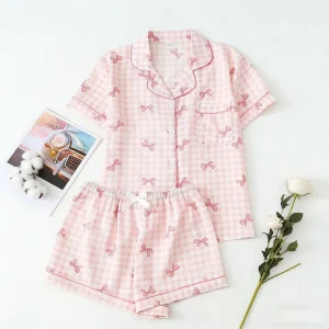 New Pink Women’s Pajama Set with Bow Print Modern and Minimalist Design for Loungewear