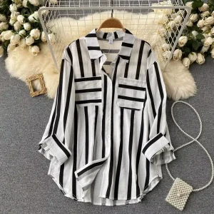 New Plus Size Women’s Clothing Striped Blouse Outerwear Korean Casual Loose Tops for Women