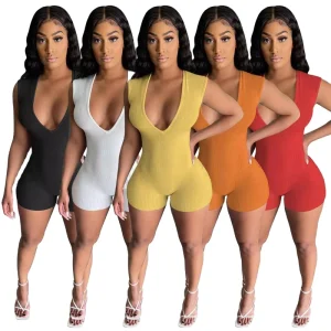New Products Solid Color Ribbed V Neck Women’s Sleeveless Rompers Womens Jumpsuit