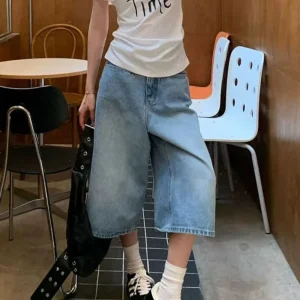 New Retro Summer Women’s Three Quarter Denim Shorts High Waist Loose Slimming Thin Wide Leg Trendy Customizable LOGO