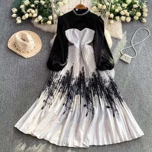 New Rhinestone Beaded Chiffon Maxi Dress Women Elegant Pleated Printed Slim Fit Party Gown Quiet Luxury