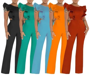 New Ruffled Round Neck Solid Color Women’s European and American Fashion Jumpsuit