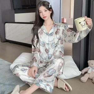 New Satin Ice Silk Print Two Piece Women’s Sleepwear Breathable Pyjama Sets Women Elastic Waist Sleepwear Women Pajamas
