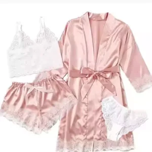 New Satin Nightie Women’s Robe 4 Pieces Pajamas Erotic Lingerie Set Kimono Silk Sleepwear Set