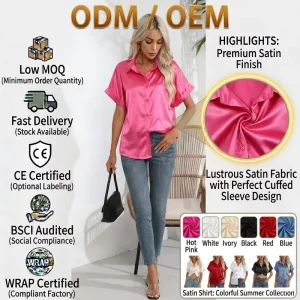 New Satin Shirts Women Solid Color Short Sleeve Blouse Spring Summer Causal Lady’s Tops Shirt