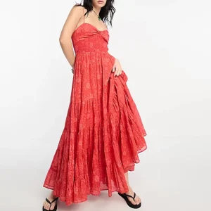 New Selling Women’s Sweetheart Neck Sleeveless Floral Print Strap Tiered Red Max Long Dress Casual