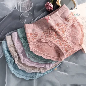 New Sexy Transparent Women’s Hollow Ice Silk Underwear Solid Color Mid Waist Cotton Lace Women Underwear Panties