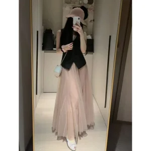 New Spring Autumn Pink Mid Calf Mesh Skirt Women’s Super Fairy Umbrella Skirt Ripped Decoration Wool Liner Dose