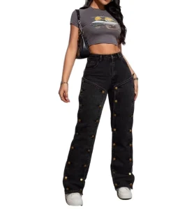 New Spring Fashion Women High Waist Denim Pants Hip Hop Style Side Buttons Patchwork Straight Plus Size Cargo Pants Jeans