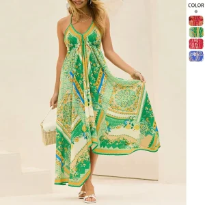 New Spring Summer Off Shoulder v Women’s Printed Long Elegant Dress with Straps and a Large Hem
