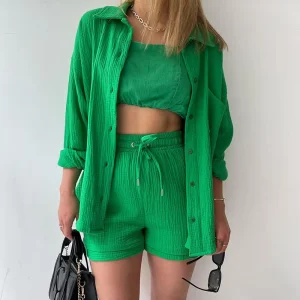 New Spring Women’s Elegant Pleated Lapels Collared Long Sleeve Shirt High Waist Drawstring Shorts Plus Size Casual Fashion