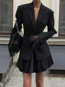 New Spring Women’s High Street Single Breasted Hem Lace Stitching Black Blazer Coat Office Lady Chic Slim Suits Tops