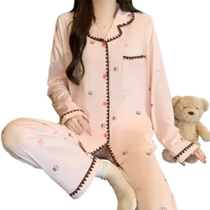 New Spring Women’s Long sleeve Women’s Pajamas Printed Cartoon And Crescent Moon Embroidered Loungewear Set