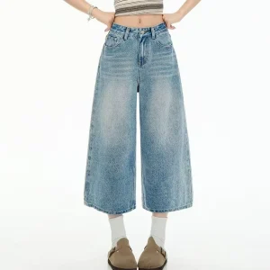 New Style 100% Cotton Denim Straight leg Women Eight inch Pants Jean Light Blue Mid rise Denim Pants OEM