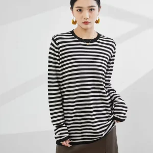 New Style 60s 100% Worsted Wool Crew Neck Pullover Striped Color Long-sleeved Machine Washable T-shirt For Woman