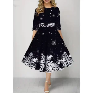 New Style Adult S-5XL Snow Print Mid-Length Sleeve Party Casual Dress Christmas Nice Dresses for Ladies