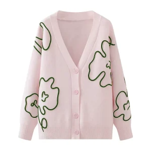 New Style Cardigan Women’s Sweater Plain Jacquard Knitted Sweater Long Sleeve 12GG Sweater