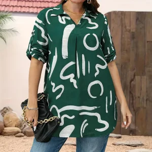 New Style Casual Plus Size Women’s Blouse Turned Collar Three-quarter Sleeves Green Mature Elegant Loose Fit Comfortable