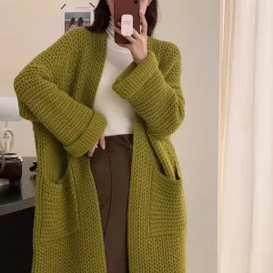 New Style European Women’s Loose and Thick Jacquard Coat-style Cardigan with Fringe and Waistband