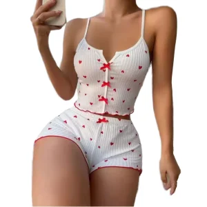 New Style Knitting Stripes Heart Print Sweet Suspenders Shorts Home Wear Christmas Pajamas Women’s Nightie Sleepwear Sets