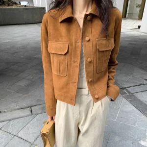 New Style Turn Collar Real Suede Breathable Women’s High Street Genuine Sheep Coat Autumn Custom Logo Soft Vintage Regular