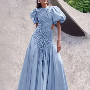 New Style Women’s Summer High Quality Dress French Elegant Simple Long Dress Puff Sleeve Round Neck Pleated Elegant Party Dress
