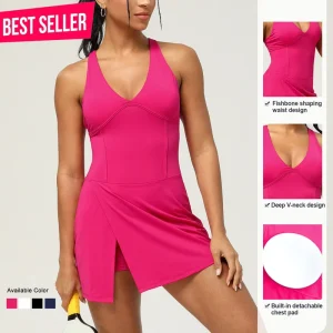New Style with Chest Pad V neck Short Jumpsuit Backless Breathable Outdoor Fitness Yoga Gym Tennis Skirt Sexy Slit Sports Dress
