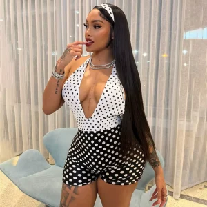 New Summer Backless Jumpsuit for Women Halter Neck Polka Dot Print Slim Fit Clubwear Playsuit Romper