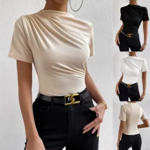New Summer Casual Female Top European American Hotties Pure Color T Shirt Short Sleeved Mesh Bottom Stand Up Collar Solid