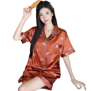 New Summer Collection French Vintage Print Women’s Short sleeve Silk like Cooling Loungewear Set