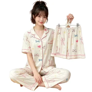 New Summer Collection of Korean-style Women’s Short-sleeve Casual Loungewear Crinkle Fabric Three-piece Set