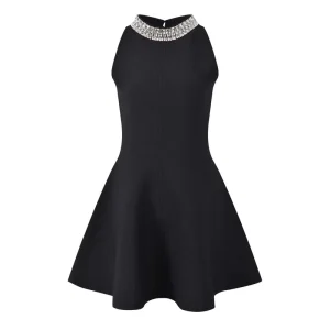New Summer Elegant Women’s Clothing Rhinestone Round Neck Sleeveless Knitted Tank Top Short Black Dress for Women
