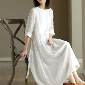 New Summer Style Ramie White Cotton Hemp High Waist Slim Literary Loose Round Neck Women’s Dress