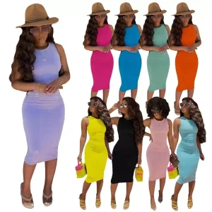 New Summer Women Slim Fit Casual Dress Women’s Solid Color Sleeveless Midi Dress Sexy Bodycon Dress