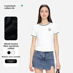 New Summer Women’s Cotton Thin All match Contrasting Color Casual Crew Neck Short sleeved T shirt Skin friendly Breathable