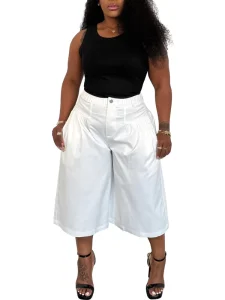 New Summer Women’s High Waist Pleated Design Short Pant High Quality Wide Leg Casual Cropped Pants Plus Size Loose Shorts
