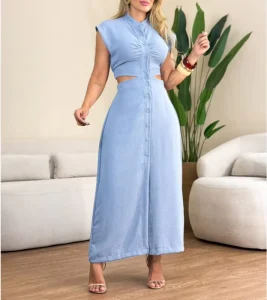 New Summer Women’s Sleeveless Button Stand collar Dress High Quality Slim Fit Sexy Fashion Casual Midi Dress