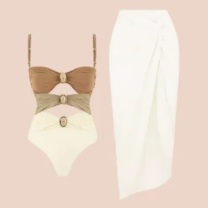 New Trending Bahitng Suits Women Color Block Cutout One Piece Swimsuit and Sarong