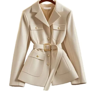 New Waist Sized Women’s Casual Multi Pocket Belted Single Button Solid Woven Top Jacket Blazer for