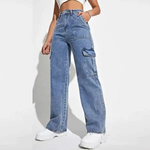 New Washed Autumn and Winter Denim Women’s Workwear Multi Bag Straight Leg Jeans Pants