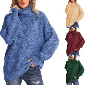 New Winter Women’s Casual Turtleneck Long Sleeve Oversize Pullover Sweater Knitted Solid Pattern Shirt Sweaters