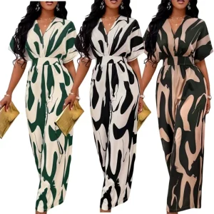 New Women High Waist Jumpsuit Short Sleeve Wide Leg Pants Overalls Lady Printed Summer Loose Jumpsuits