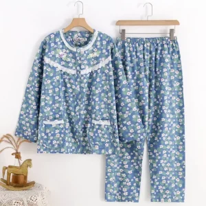 New Women’s Cotton Floral Print Spring Summer Long Sleeve Round Neck Loungewear Set Country Style Pajamas